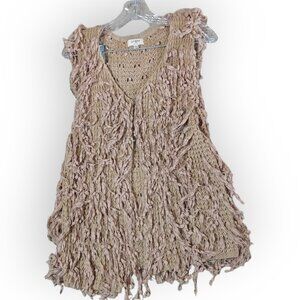 UMGEE Women's Knit Cream Beige SHAGGY FRINGE BOHO OPEN FRONT VEST~MEDIUM